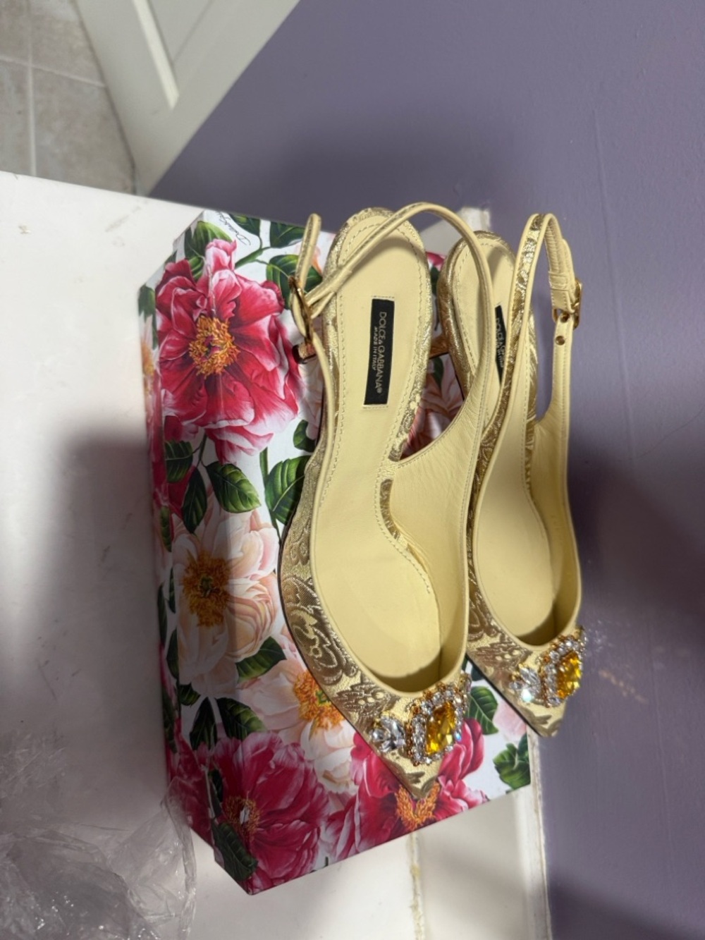 Dolce & Gabbana Gold Embellished Pointed Slingback Heels